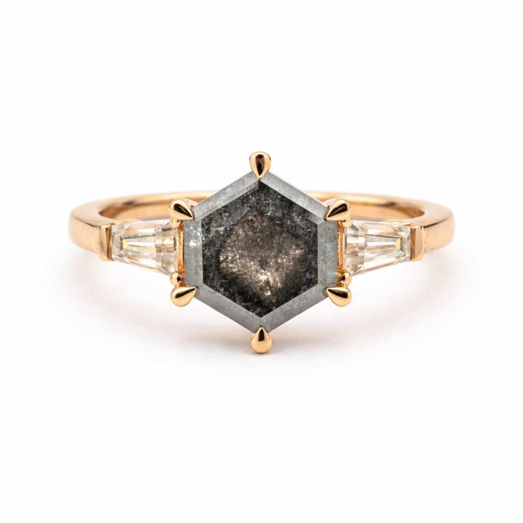 Hexagonal salt and pepper diamond ring - unique engagement jewelry