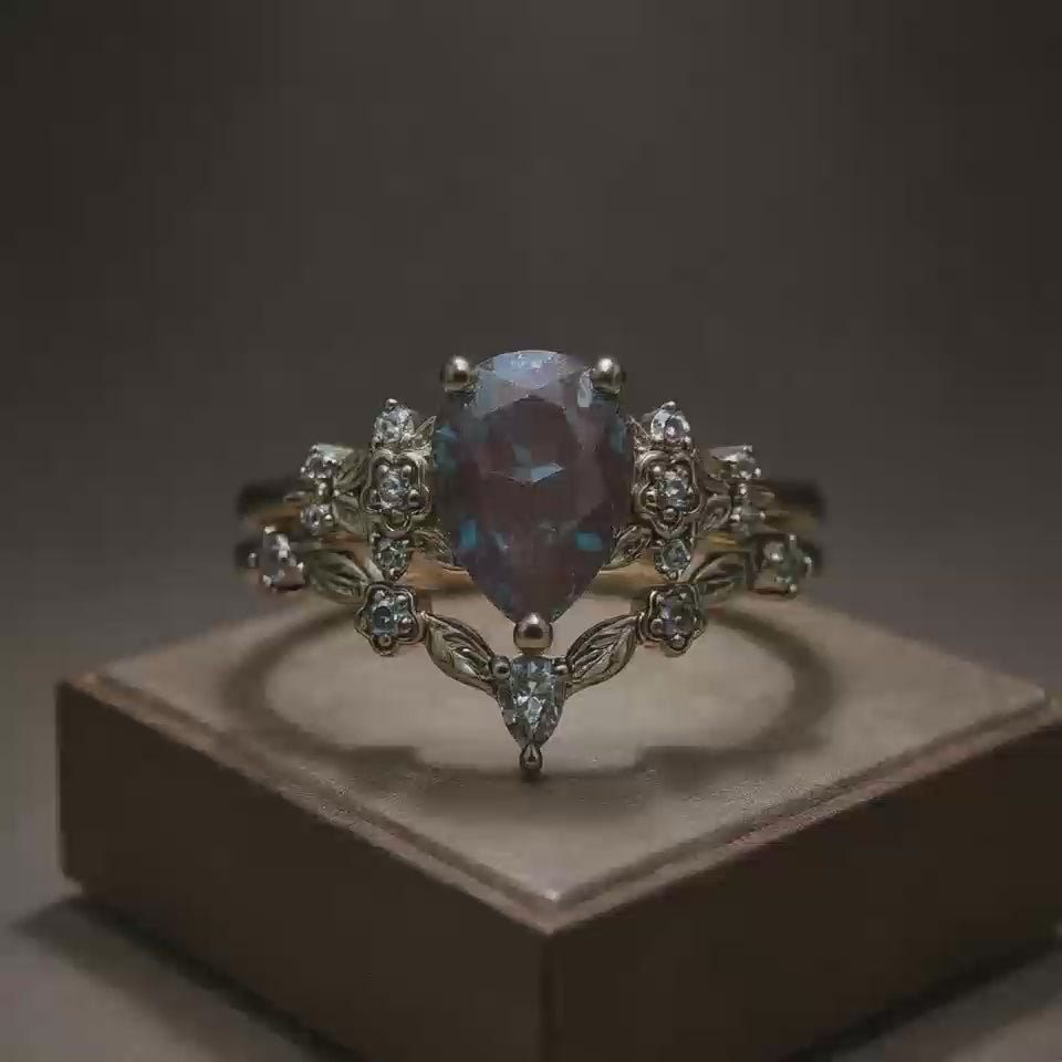 Botanical Elegance -Pear Cut Lab Alexandrite Black Gold Engagement Ring Set Floral Ring
