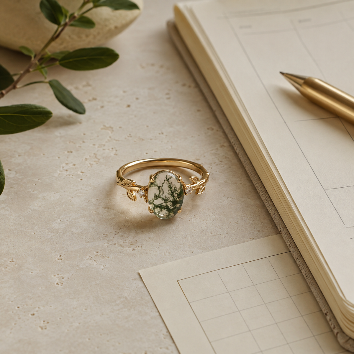 Oval moss agate engagement ring beside an ivory proposal planner on a stone surface