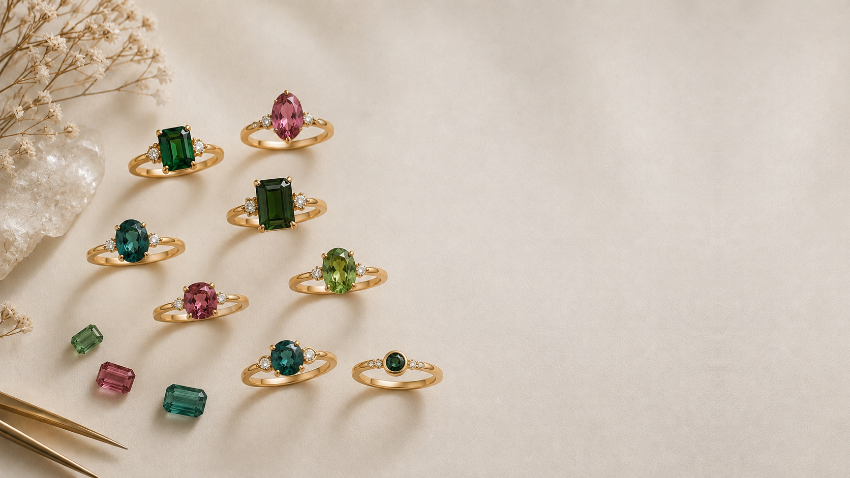 Tourmaline rings in gold with colorful gemstone details, GemifySpace collection cover