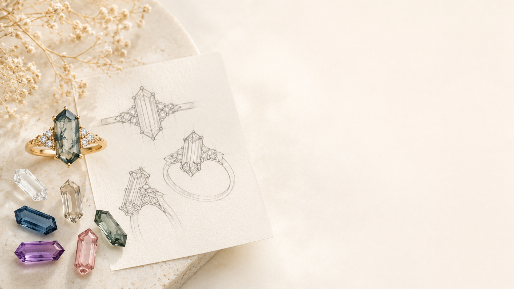 Long hexagon cut rings in gold with elongated gemstone settings, GemifySpace collection cover