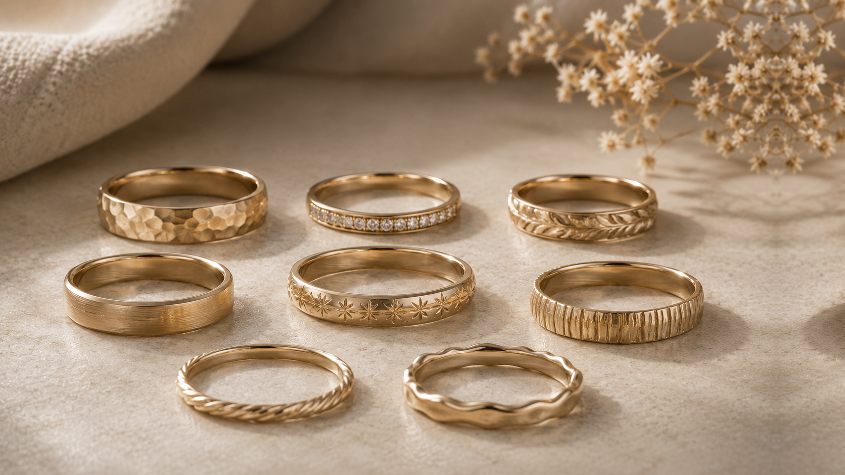 Wedding bands in gold with matching bridal and nature-inspired designs, GemifySpace collection cover