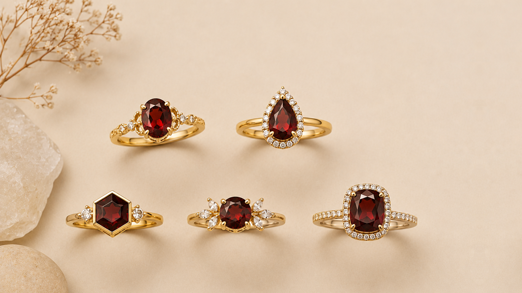 Garnet rings in gold with deep red gemstone details, GemifySpace collection cover