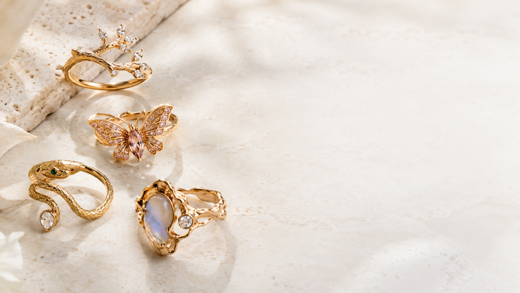 Unique rings in gold with alternative gemstone and nature-inspired designs, GemifySpace collection cover