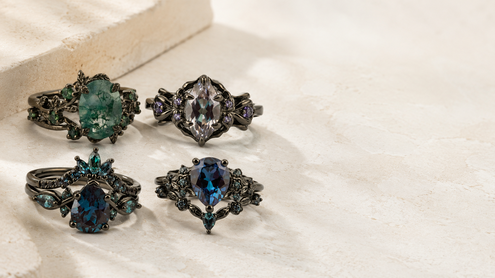 Black gold rings with alternative gemstone designs, GemifySpace collection cover