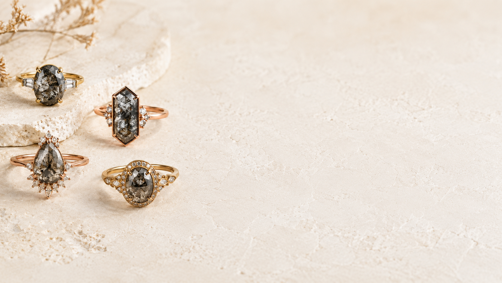 Salt and pepper diamond rings in gold with alternative engagement ring designs, GemifySpace collection cover