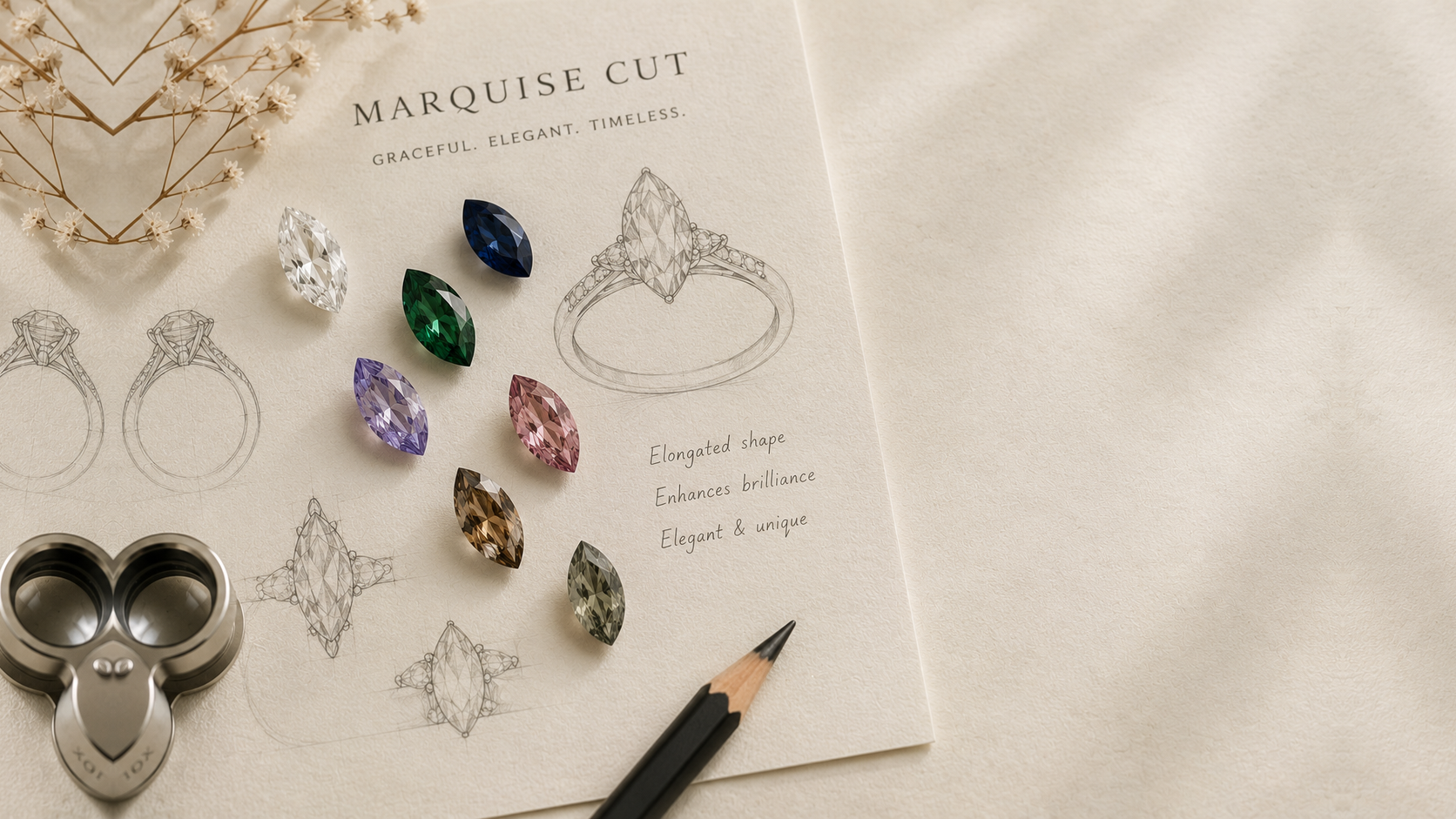 Marquise cut rings in gold with elongated gemstone designs, GemifySpace collection cover