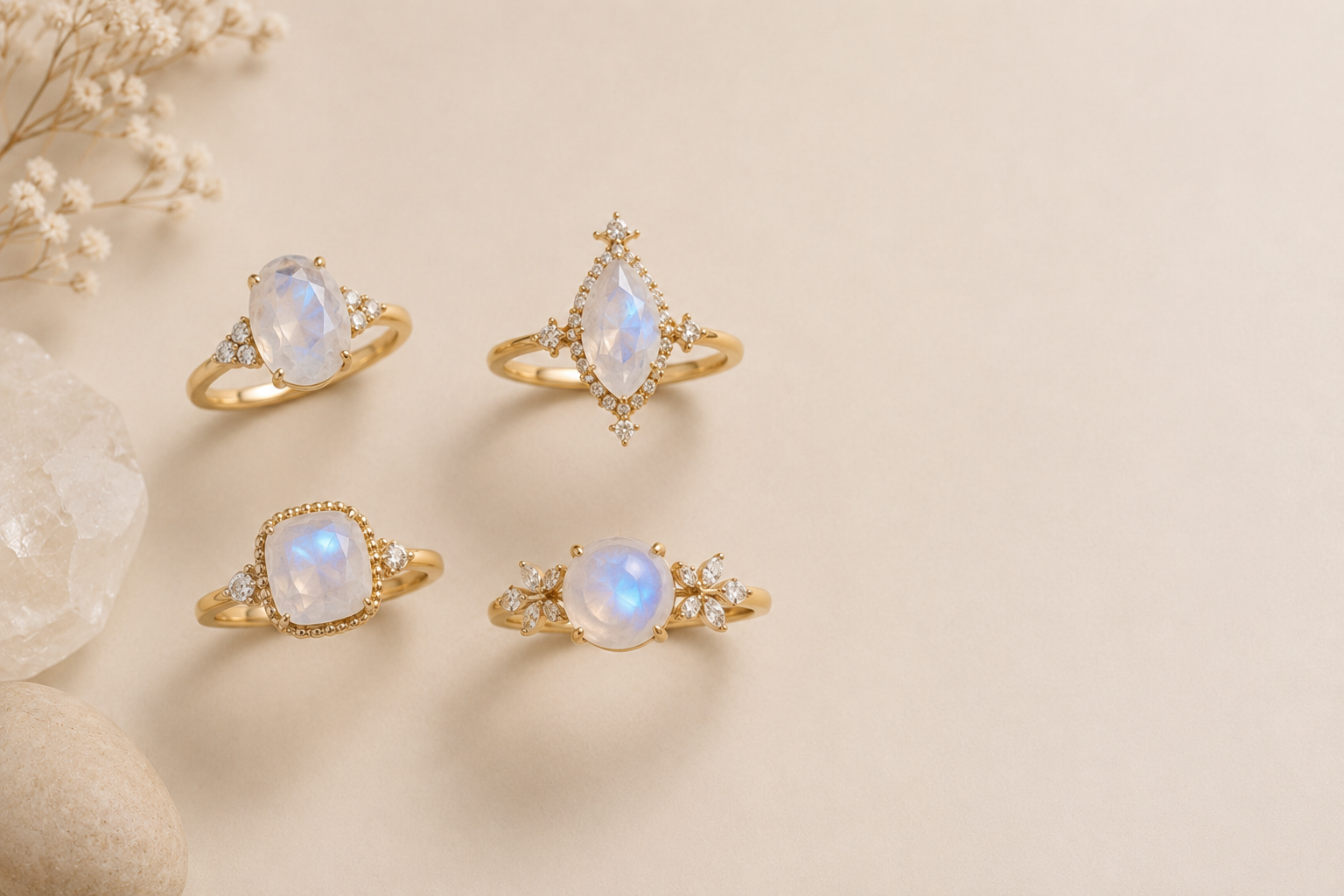 Moonstone rings in gold with soft glowing gemstone details, GemifySpace collection cover
