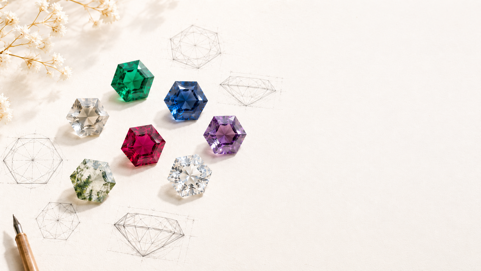 Hexagonal cut rings in gold with geometric gemstone designs, GemifySpace collection cover