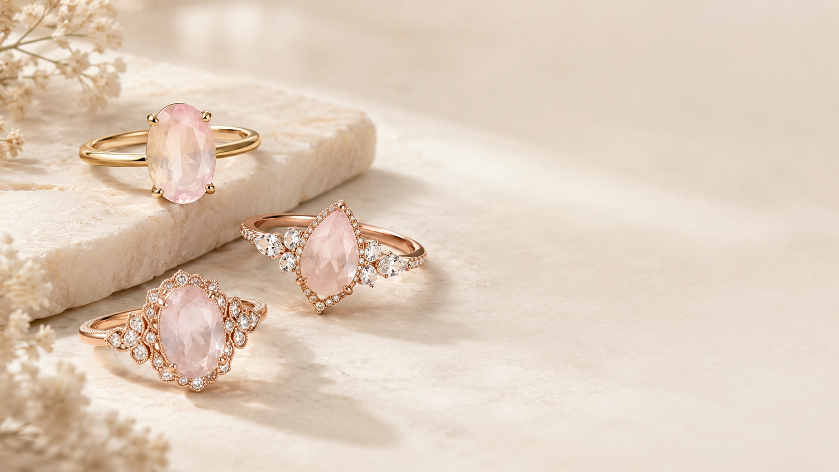 Rose quartz rings in gold with soft pink gemstone details, GemifySpace collection cover