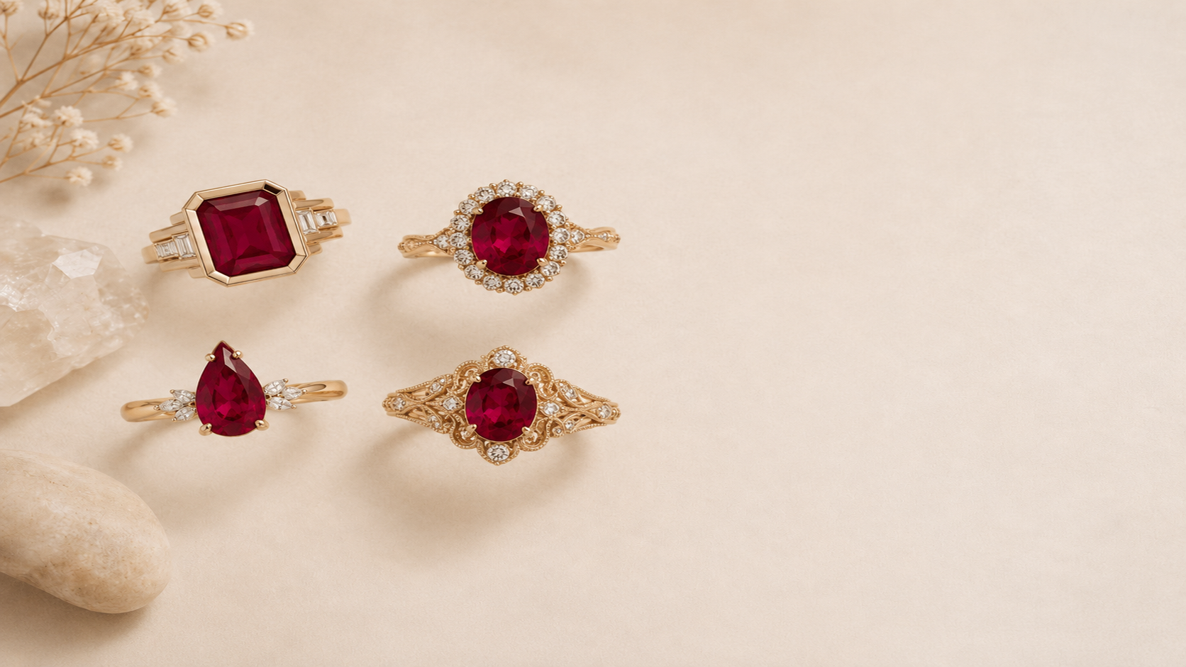 Ruby rings in gold with rich red gemstone details, GemifySpace collection cover