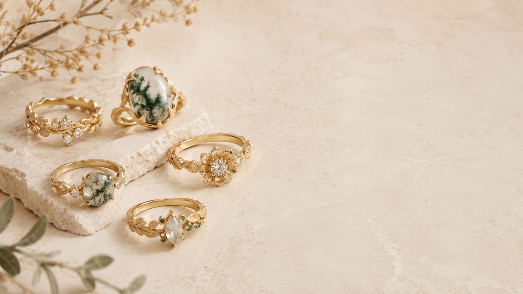 Nature-inspired rings in gold with leaf, floral, and gemstone designs, GemifySpace collection cover