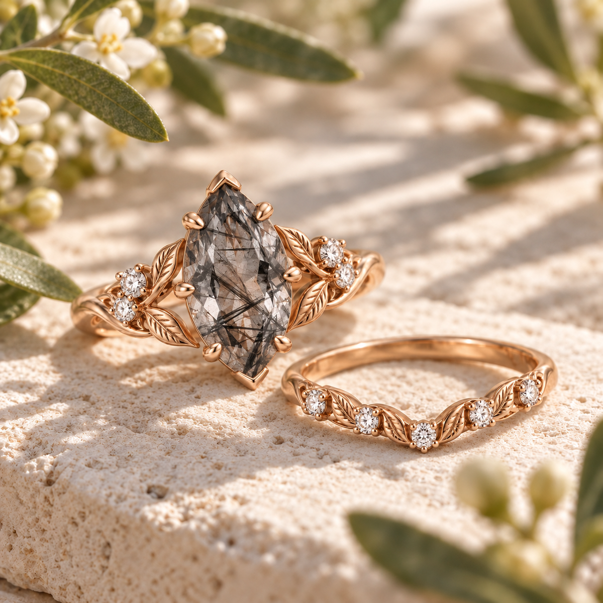 Black rutilated quartz engagement ring with moissanite accents and leaf details