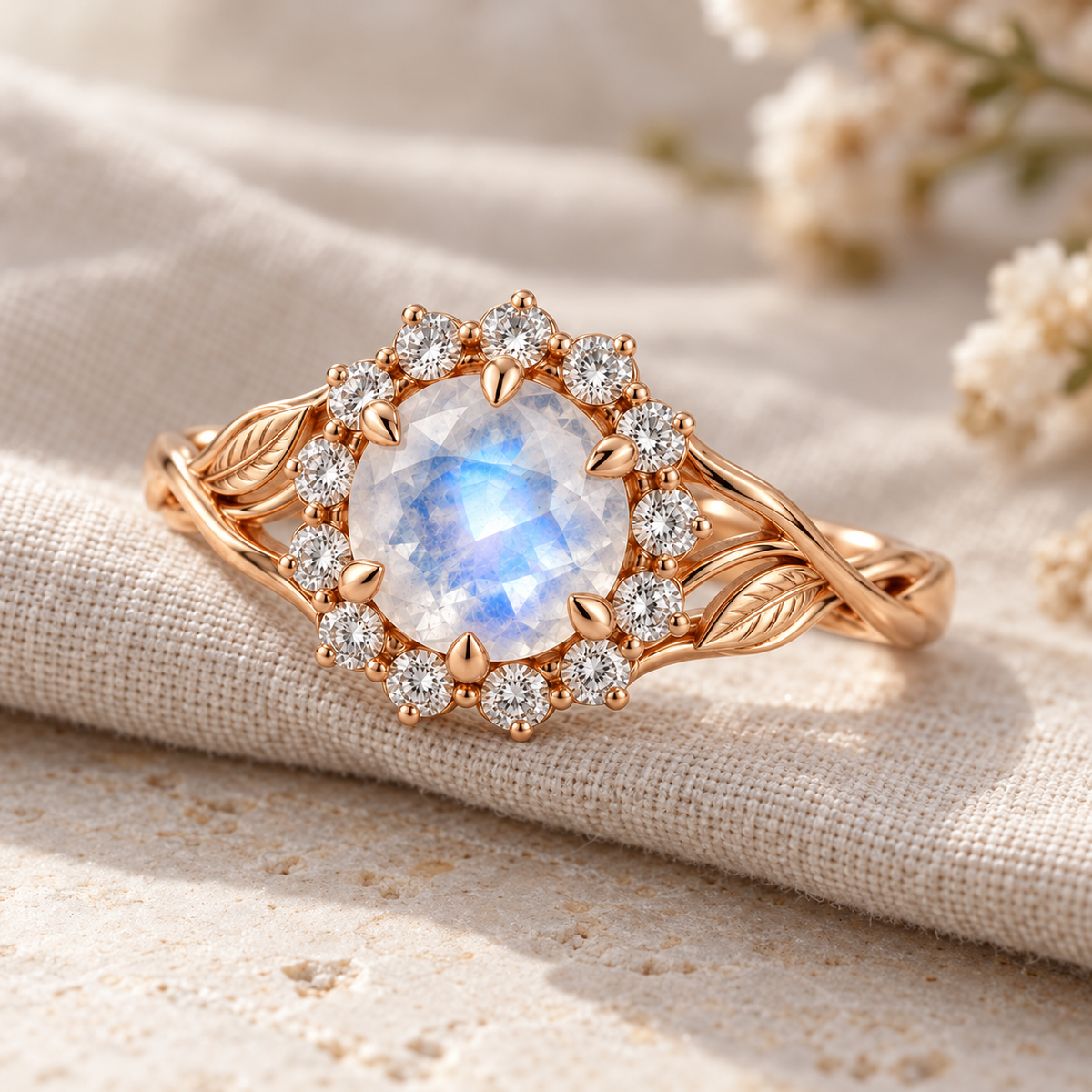 Nature inspired moonstone ring with sparkling moissanite halo and leaf details