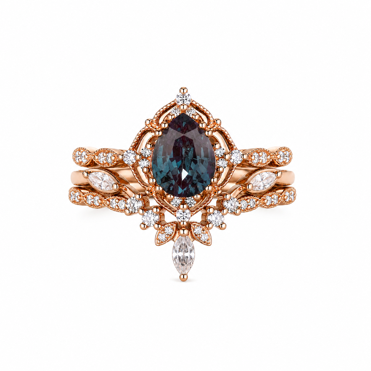Pear Alexandrite Bridal Ring Set Vintage Rose Gold Engagement Ring Set with Moissanite Accents