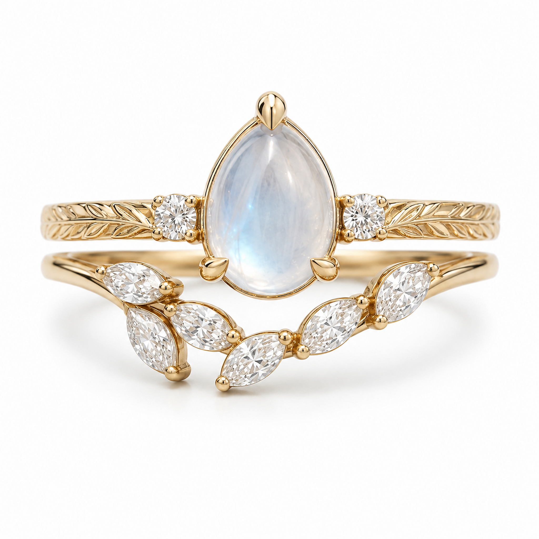 Pear Moonstone Leaf Engagement Ring – Nature Inspired Gold Bridal Ring