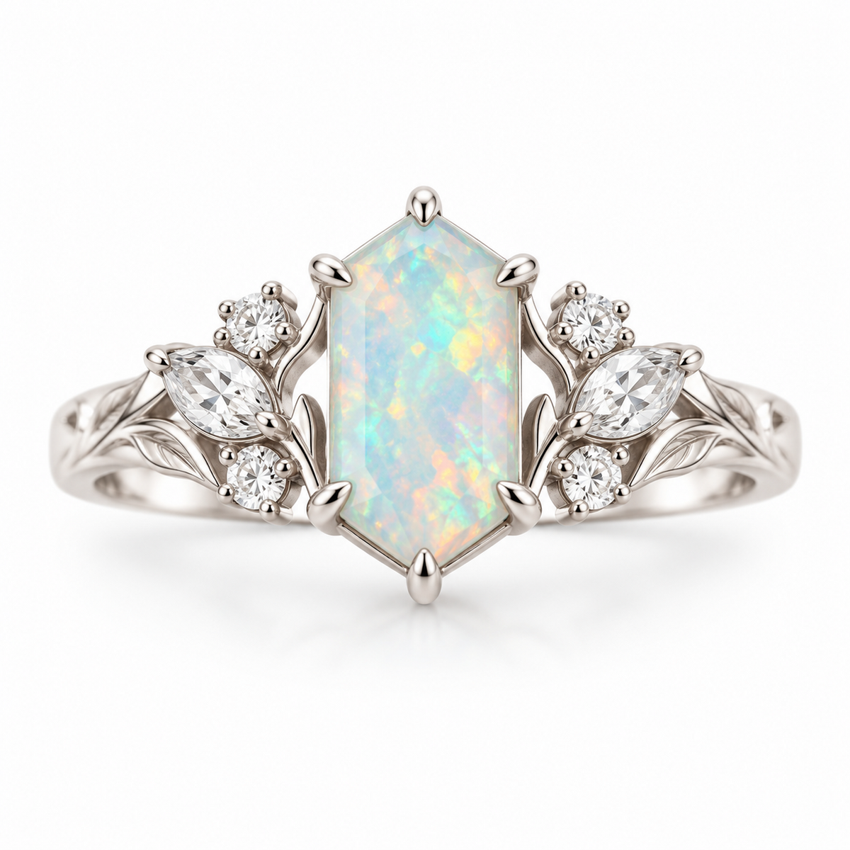 Long hexagon lab created opal ring in white gold with moissanite accents