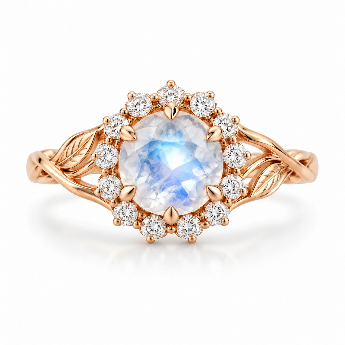 6mm round moonstone halo ring in rose gold with moissanite accents