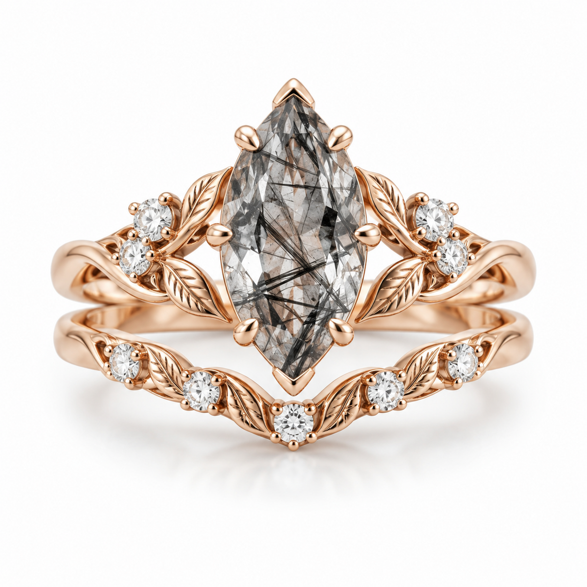 5x10mm marquise black rutilated quartz bridal ring set in rose gold