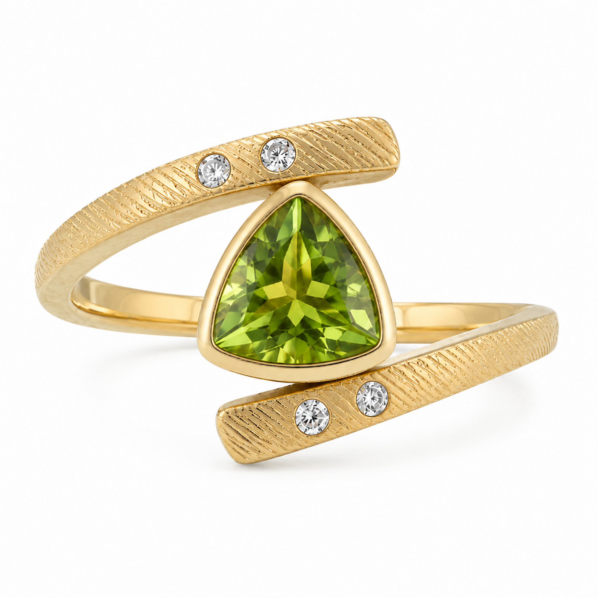 Trillion peridot engagement ring with modern gold setting