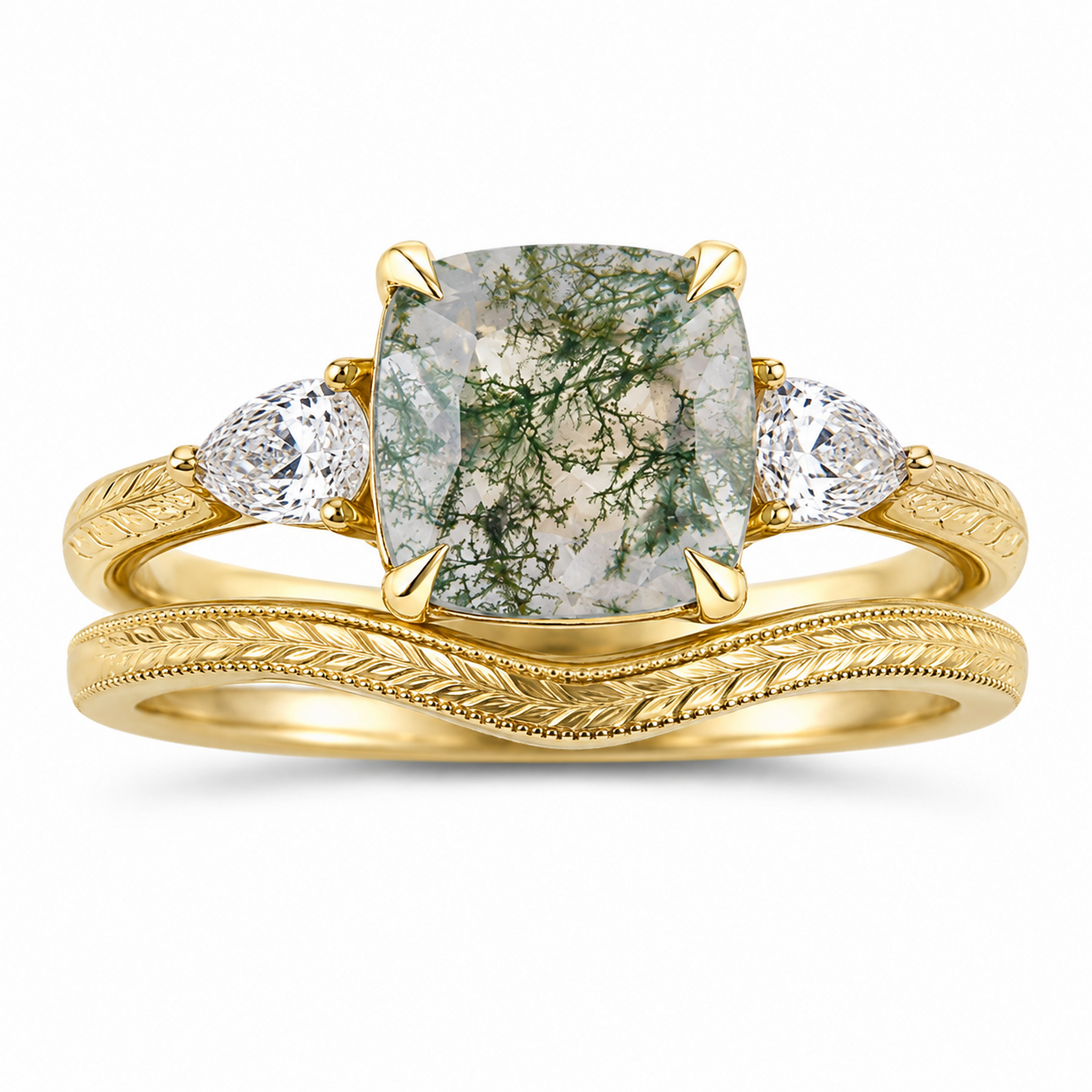 Moss agate leaf engagement ring with botanical gold band