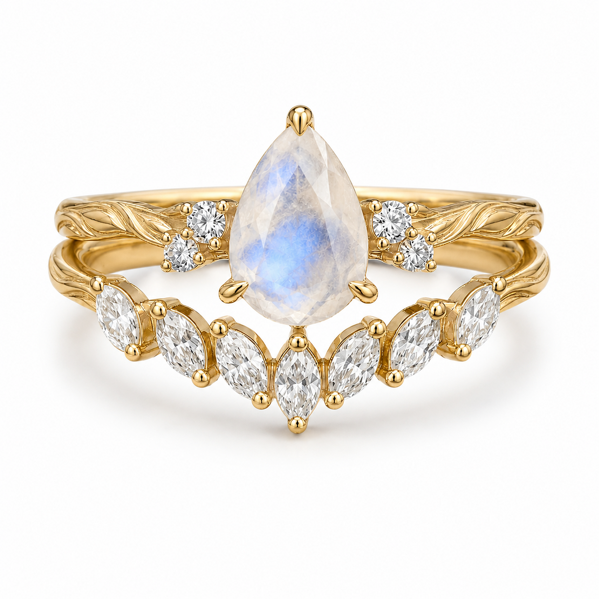 Pear moonstone leaf engagement ring gold bridal set