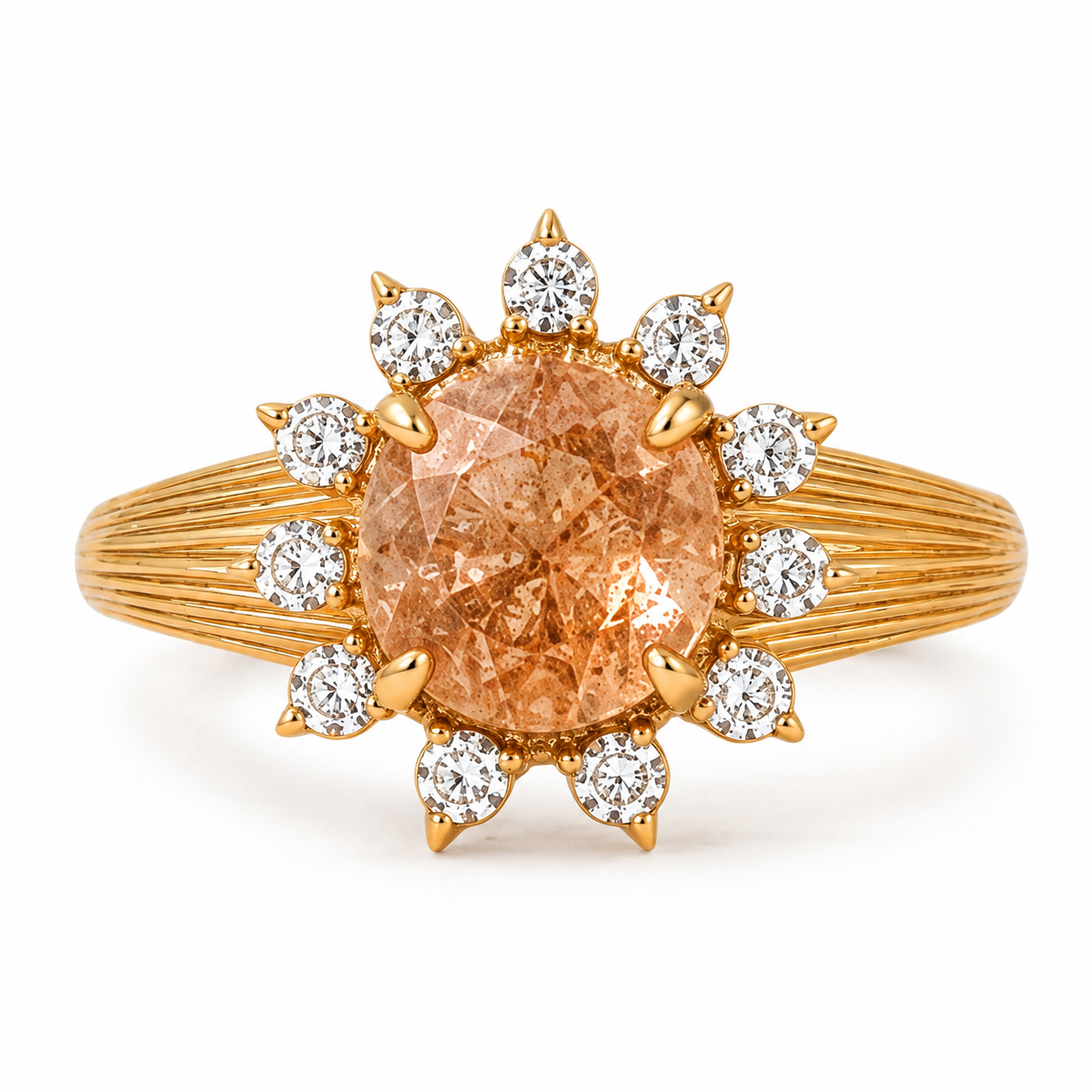 Celestia oval sunstone sunburst engagement ring in yellow gold on a pure white background, front view

