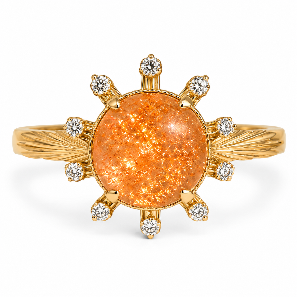 Aurelia round domed sunstone celestial-ray ring in yellow gold on a pure white background, front view
