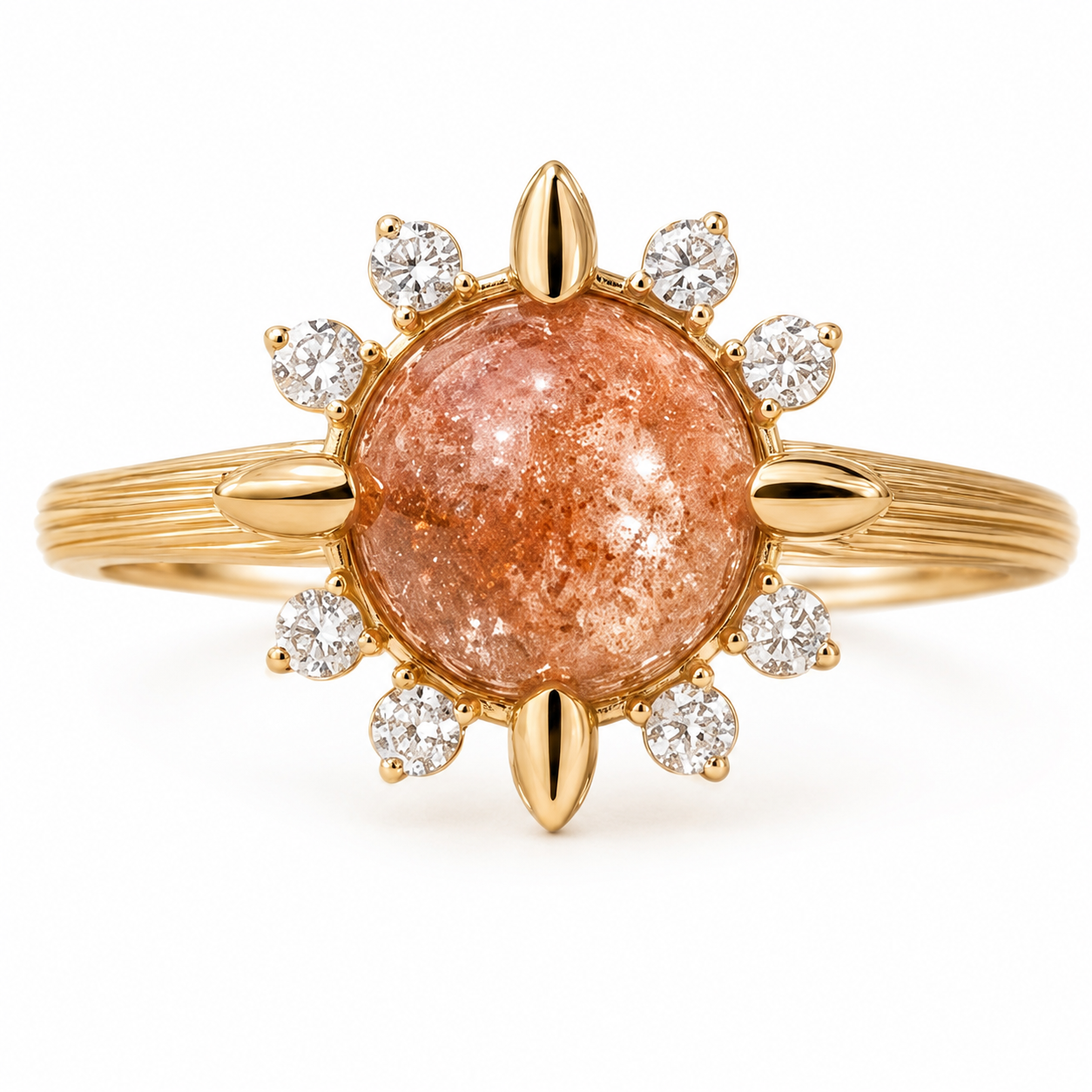 Elowen round sunstone compass bloom engagement ring in yellow gold on a pure white background, front view