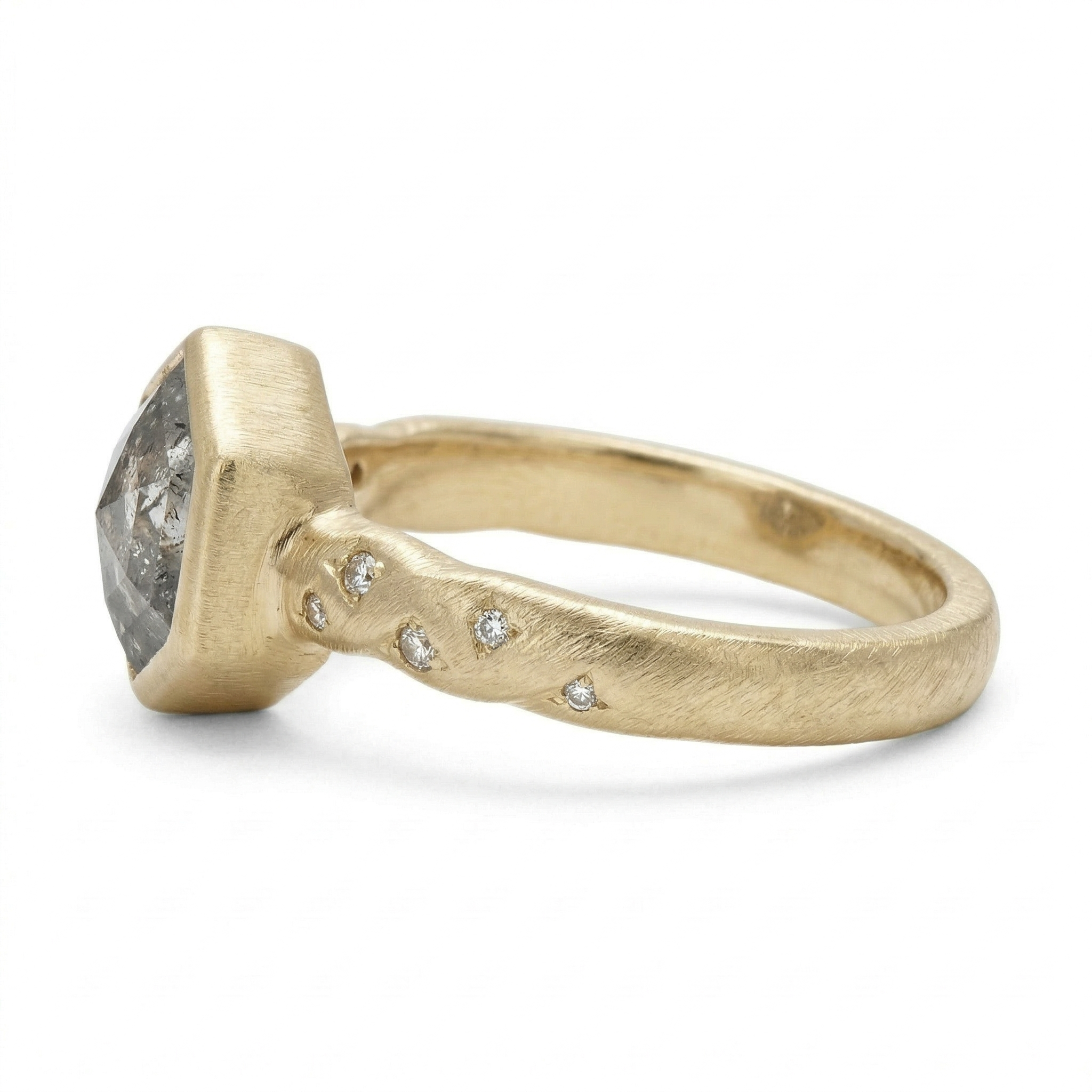 2ct Hexagon Salt and Pepper Diamond Textured Gold Ring