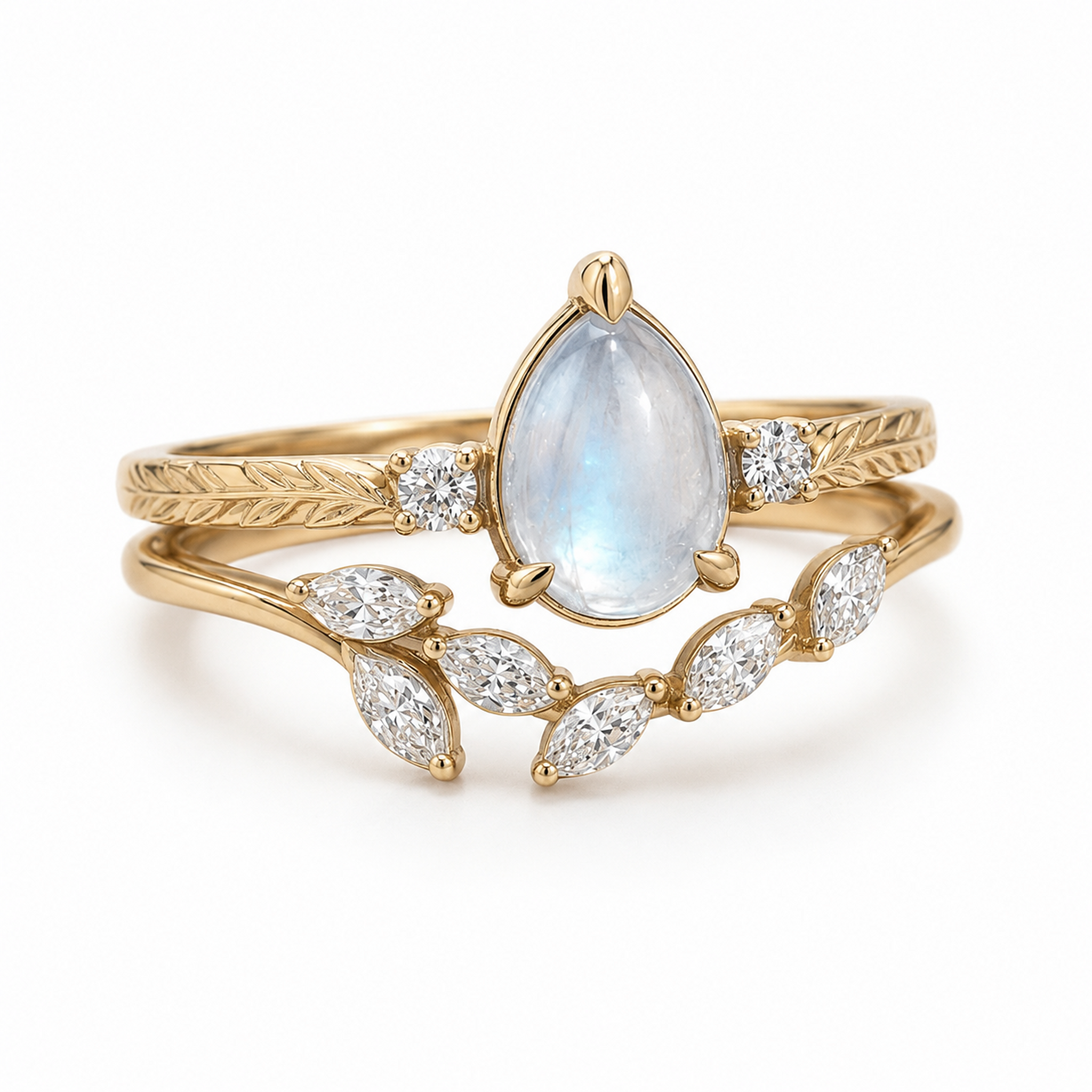 Pear Moonstone Leaf Engagement Ring – Nature Inspired Gold Bridal Ring