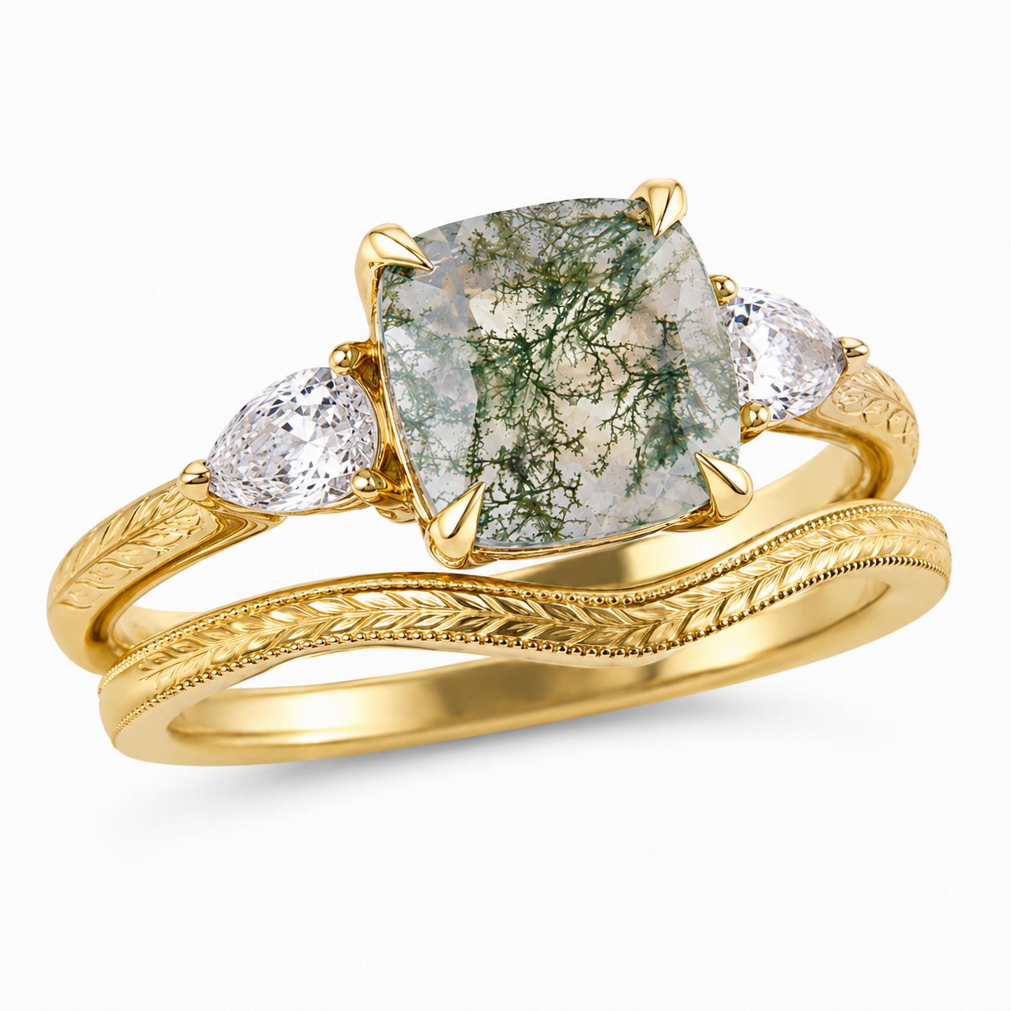 Unique alternative engagement ring with natural moss agate
