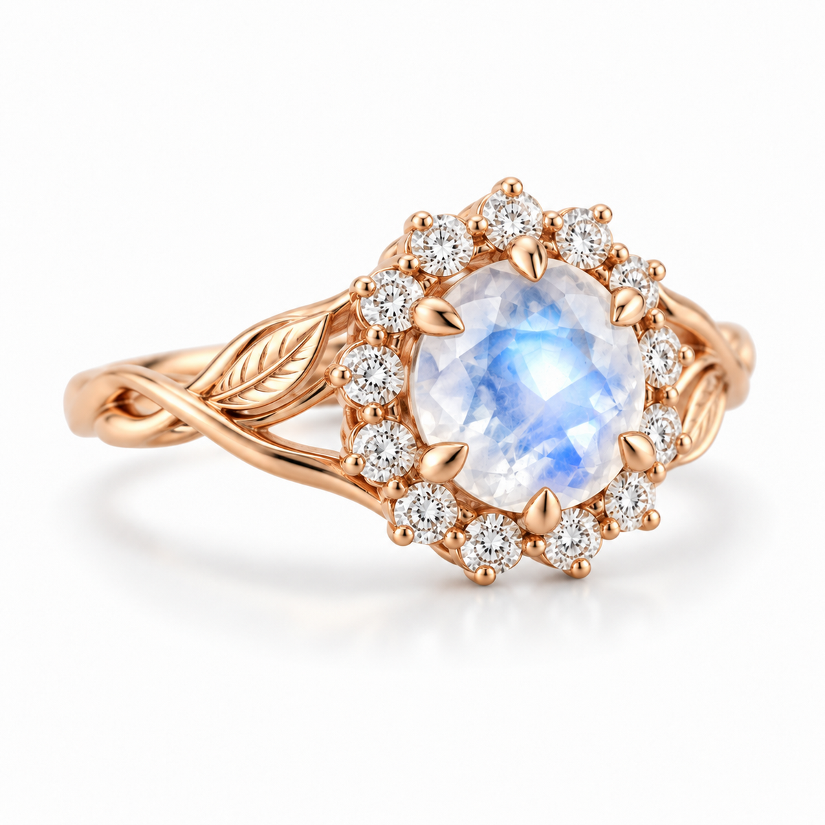 Rose gold moonstone engagement ring with botanical vine band