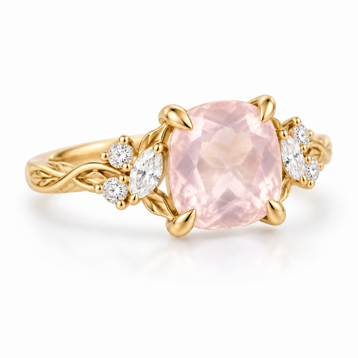 Nature inspired sapphire ring with marquise and round moissanite side stones