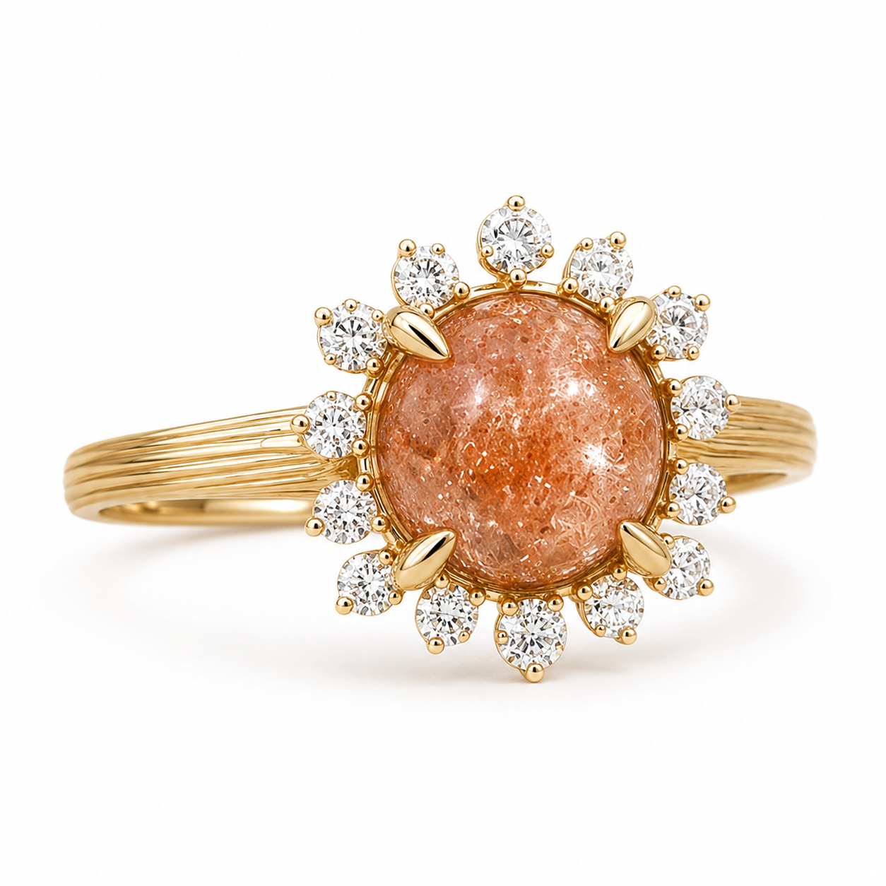 Marisol sunstone and graduated moissanite flower halo ring, left three-quarter view