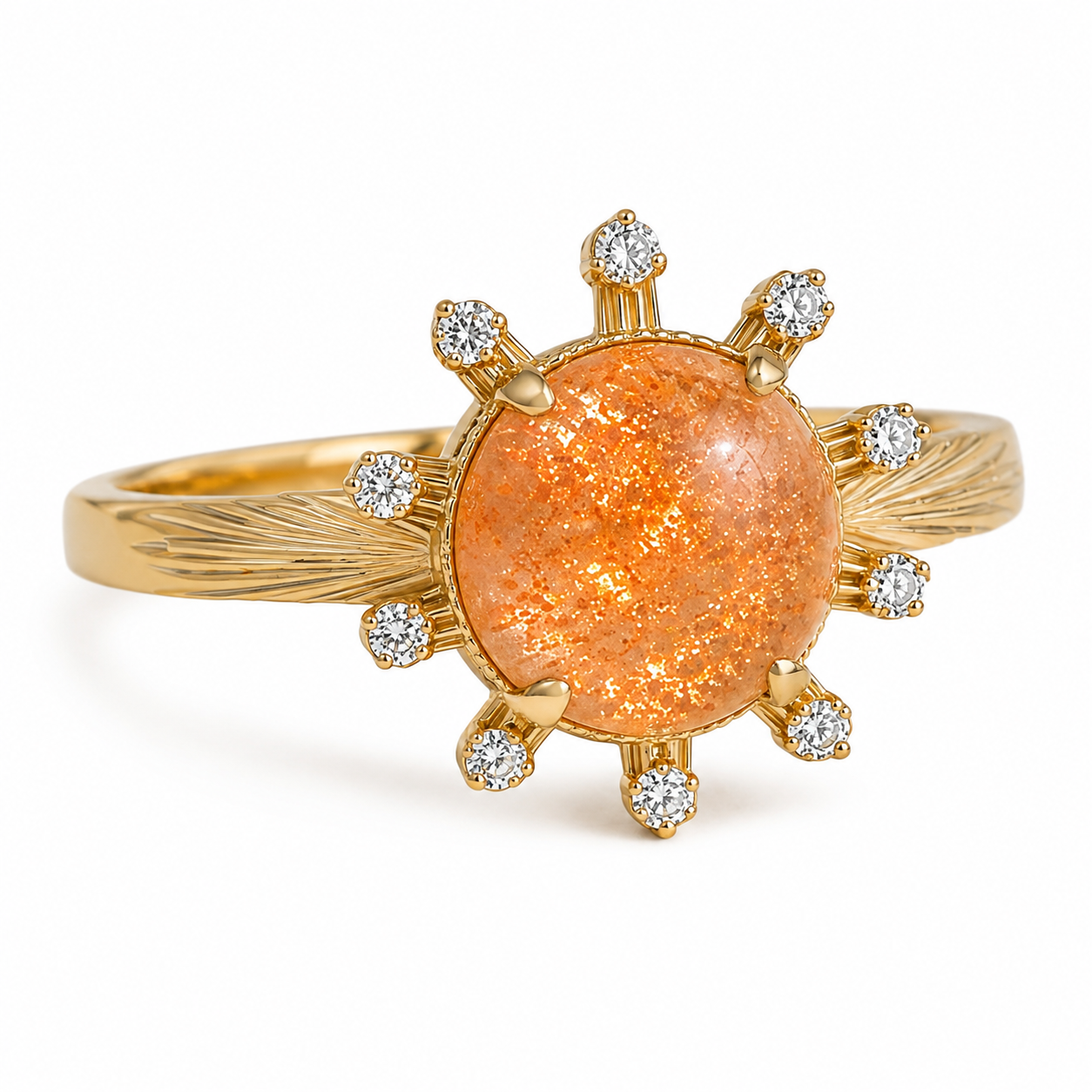 Aurelia sunstone ring with airy moissanite rays and feather engraving, left three-quarter view