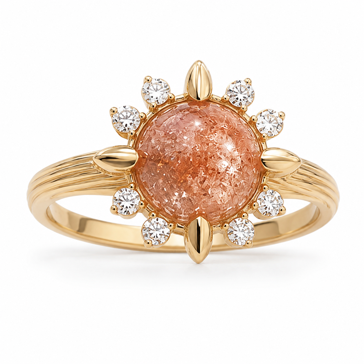 Elowen sunstone ring with four gold leaves and eight moissanites, left three-quarter view
