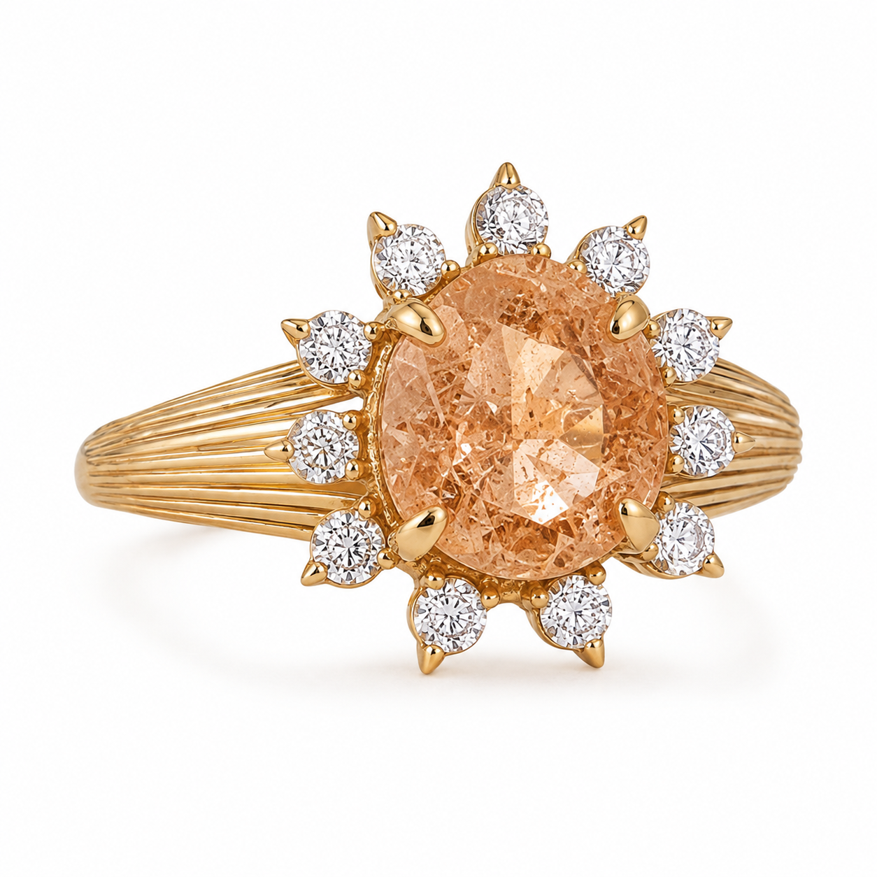 Celestia oval sunstone and moissanite halo ring in yellow gold, left three-quarter view