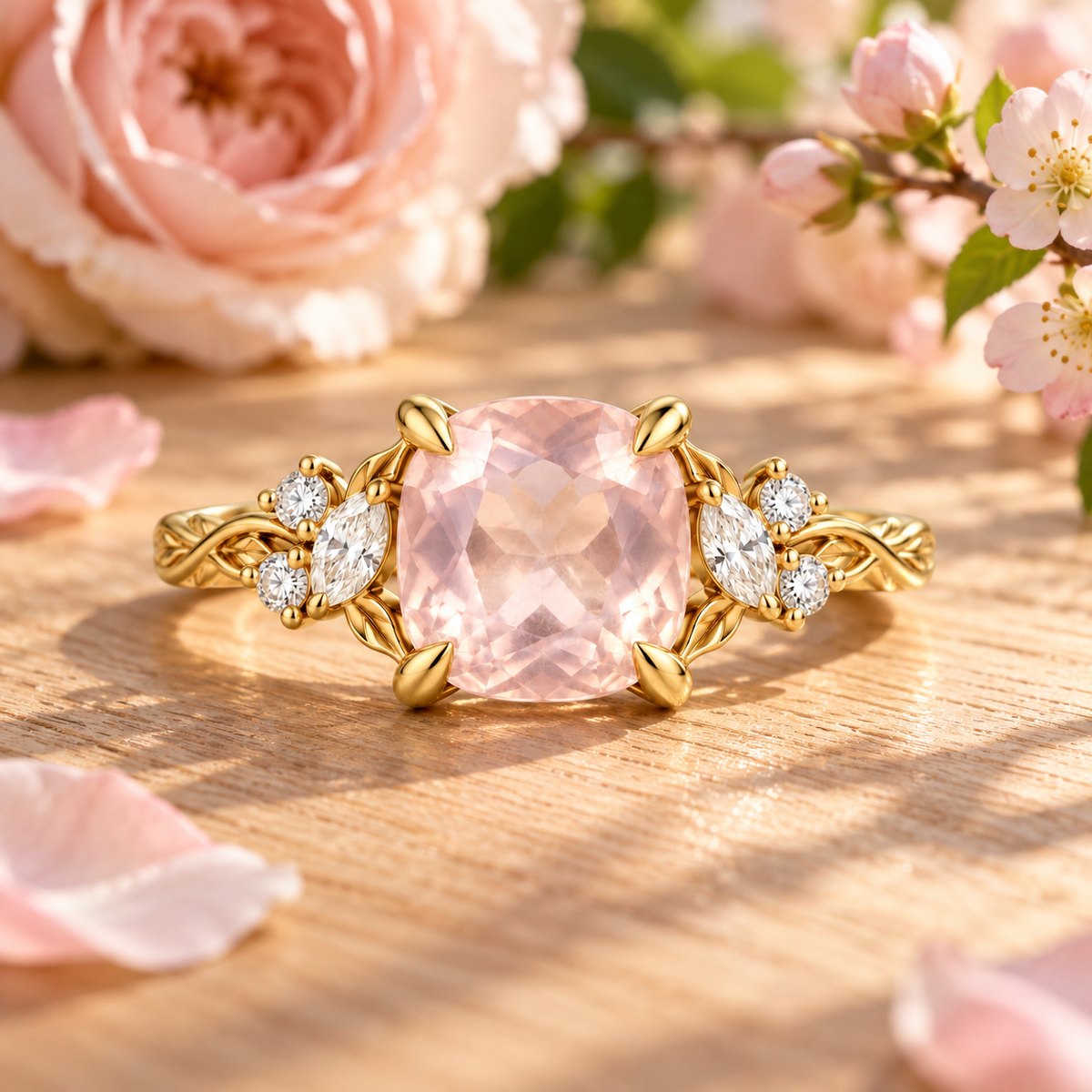 Cushion cut peach pink Padparadscha sapphire engagement ring with leaf details
