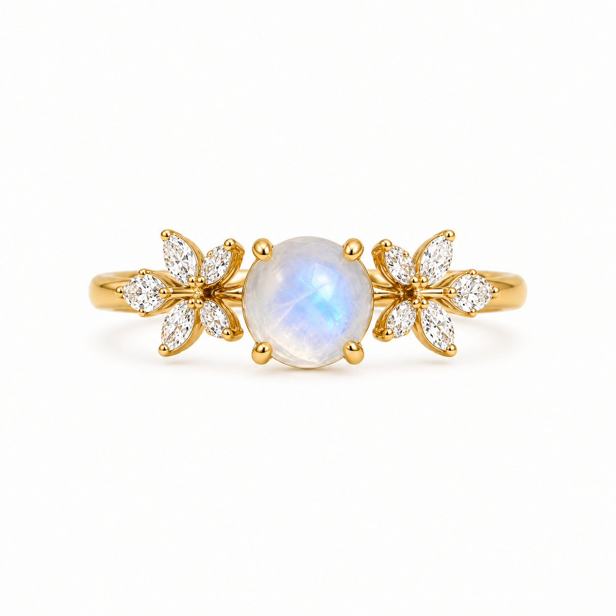Moonstone floral gold ring with marquise moissanite accents on white background