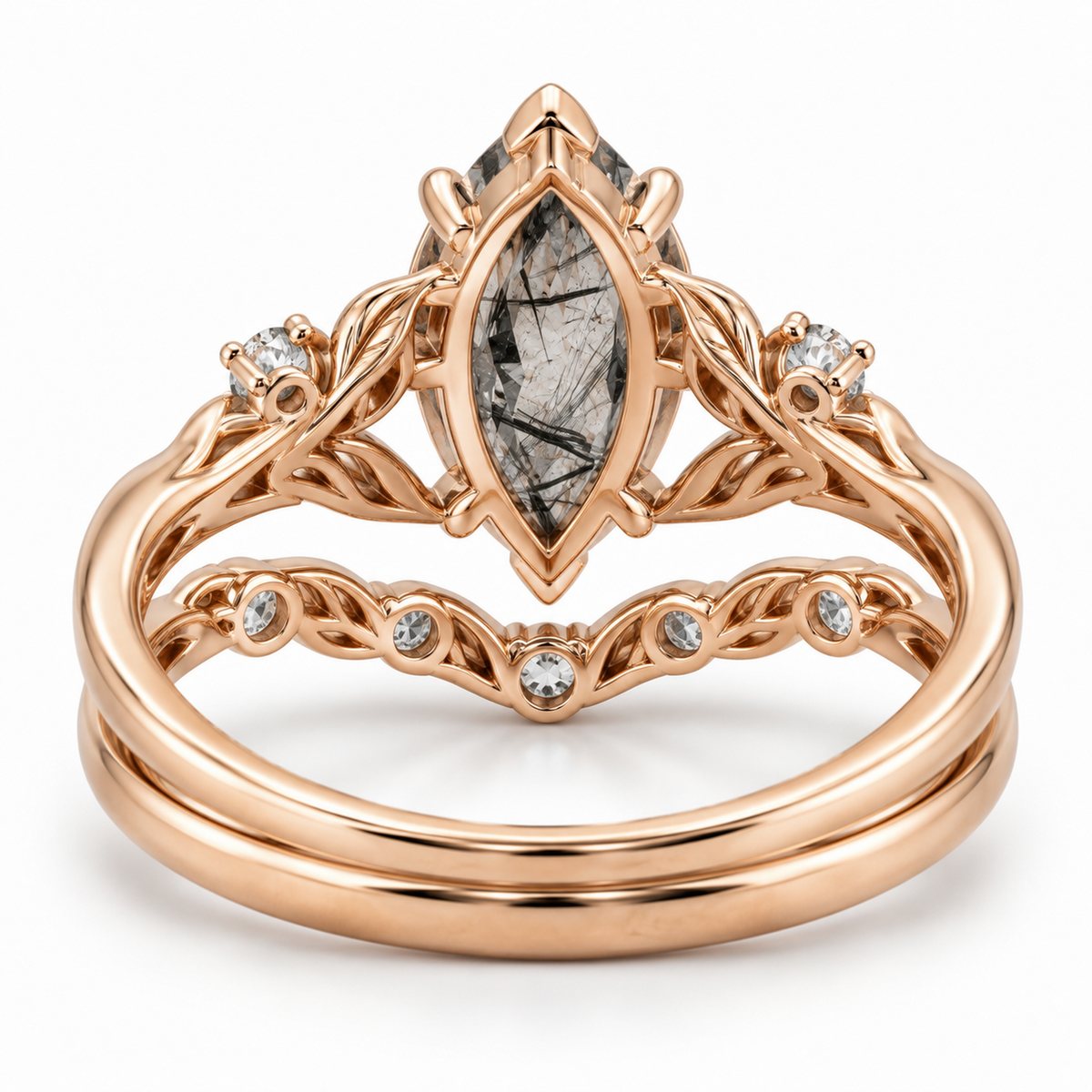 Nature inspired black rutilated quartz ring set with curved wedding band