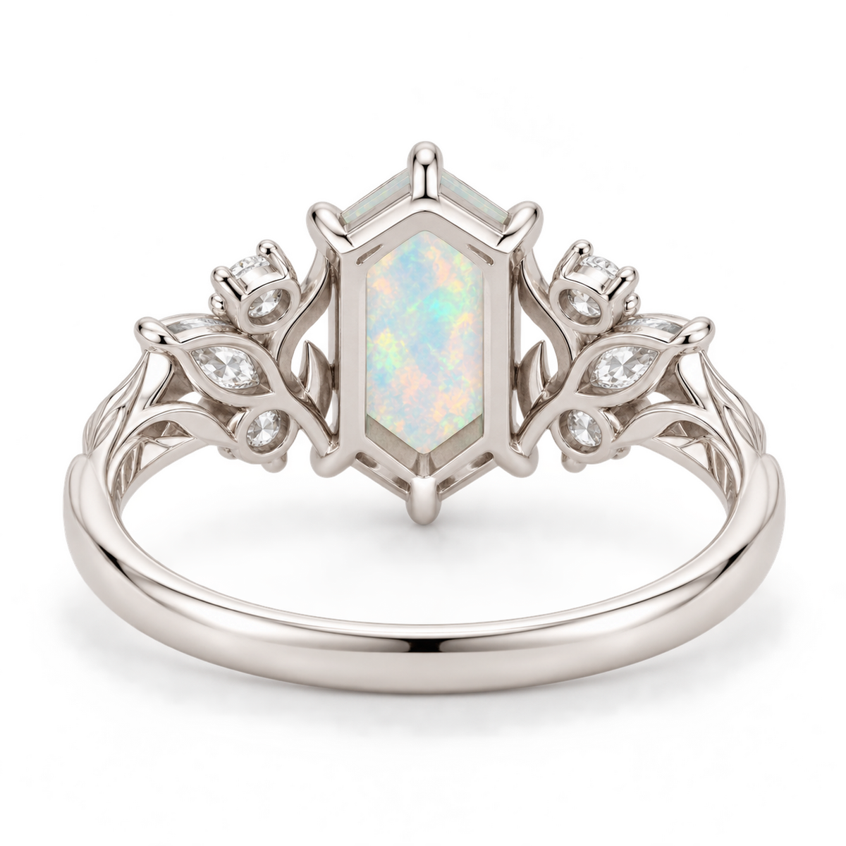 Nature inspired lab opal ring with marquise and round moissanite side stones