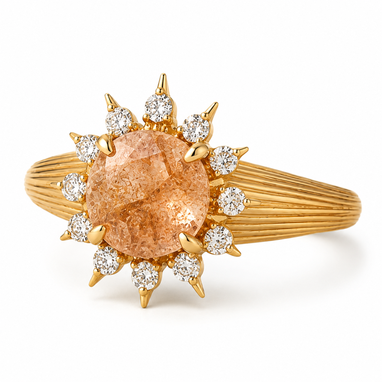Solara yellow-gold sunstone engagement ring with fluted band, right three-quarter view
