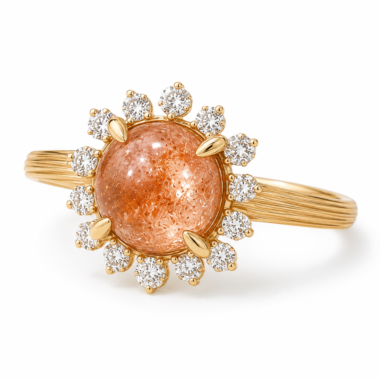 Marisol yellow-gold floral engagement ring with leaf prongs, right three-quarter view