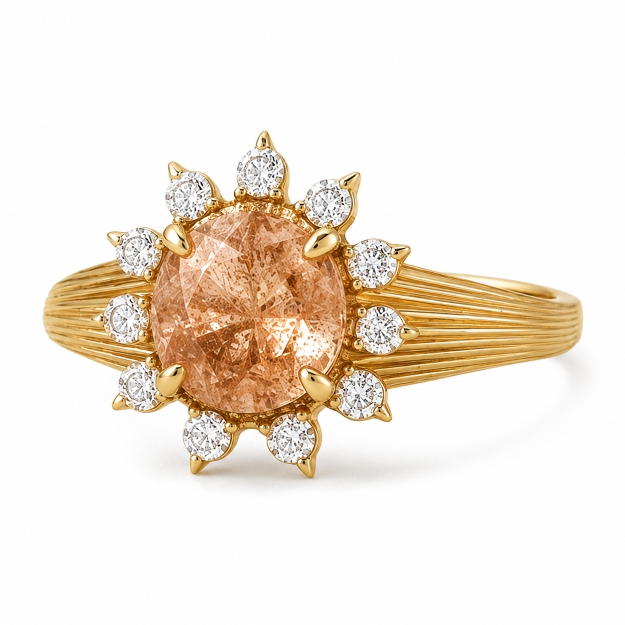 Celestia yellow-gold oval sunstone engagement ring, right three-quarter view

