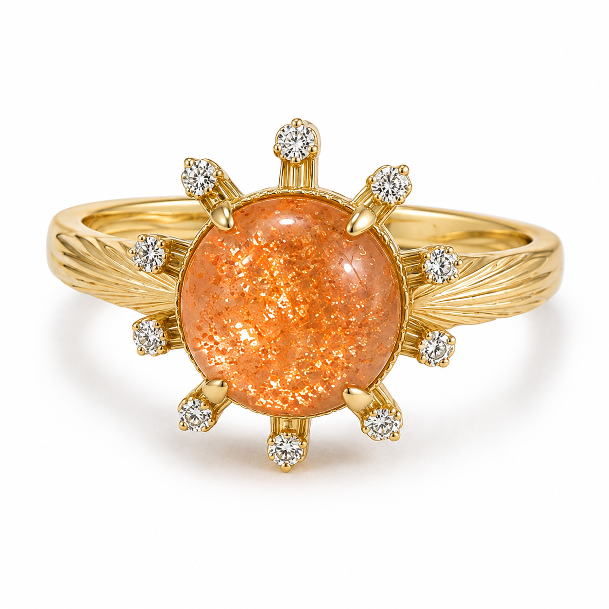 Aurelia yellow-gold celestial sunstone ring showing the right engraved shoulder