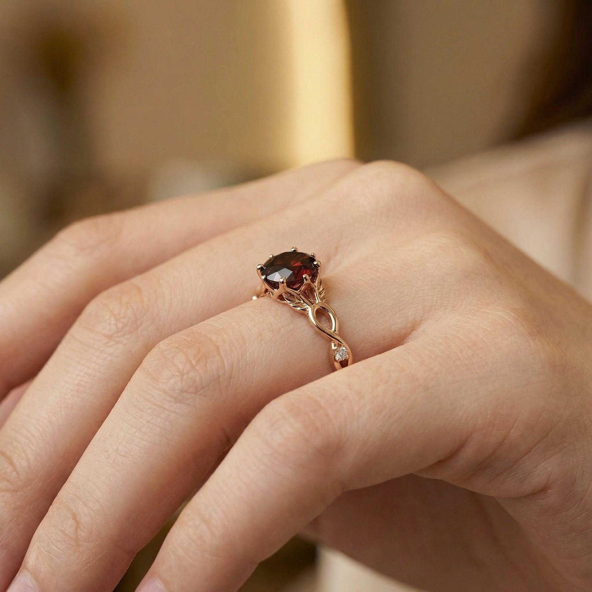 Detailed view of Round Garnet Engagement Ring in Gold