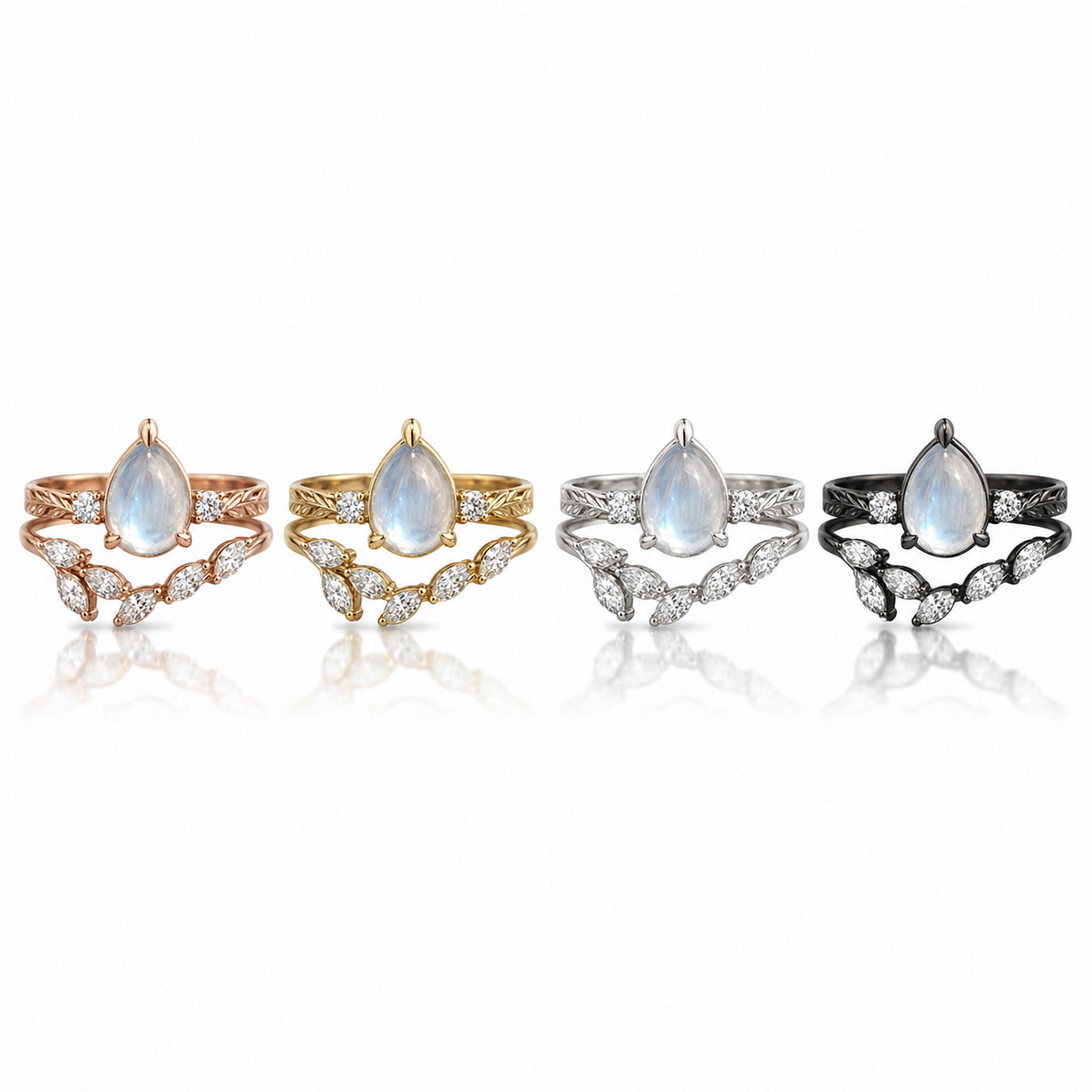 Pear Moonstone Leaf Engagement Ring – Nature Inspired Gold Bridal Ring