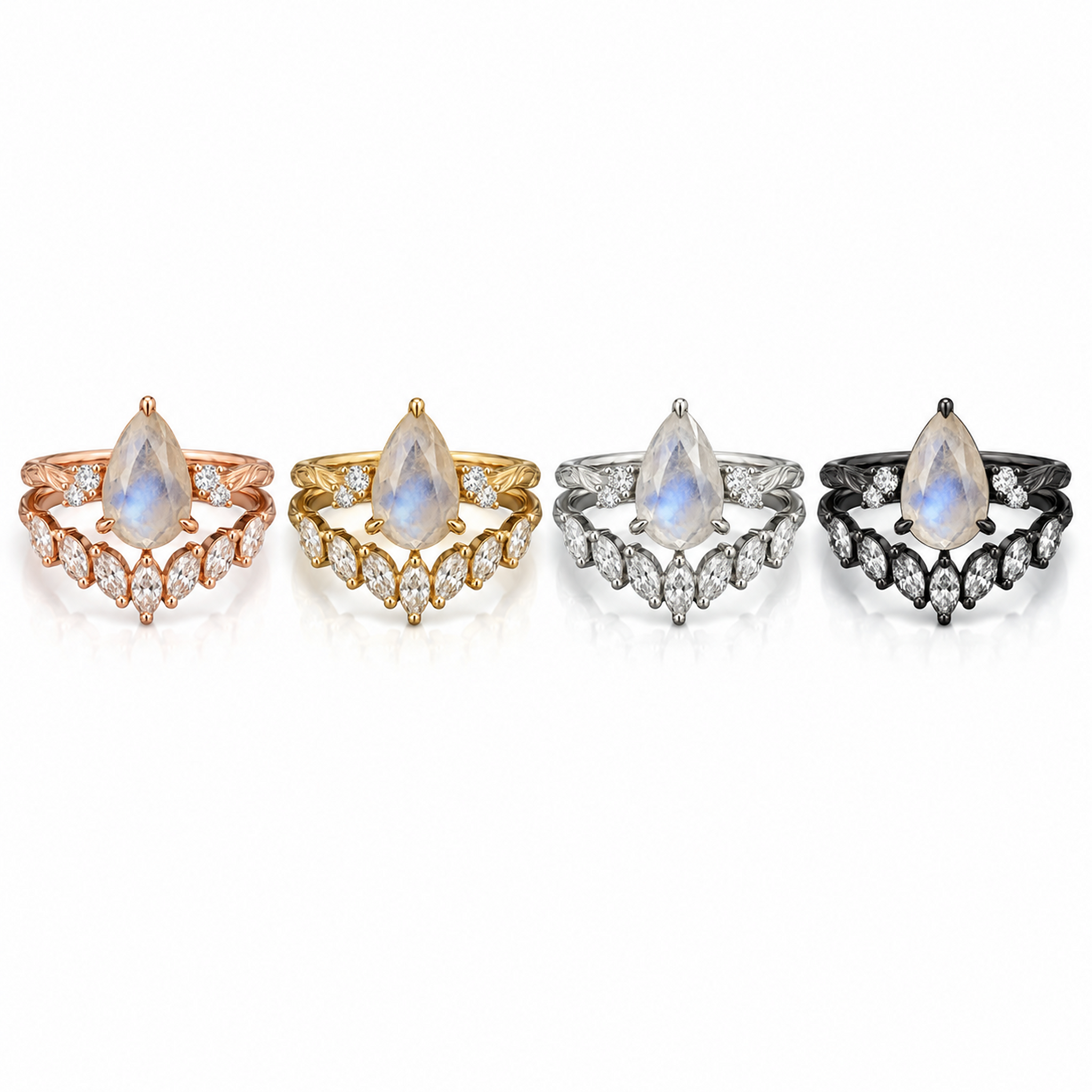 Botanical wedding ring set with pear moonstone center stone