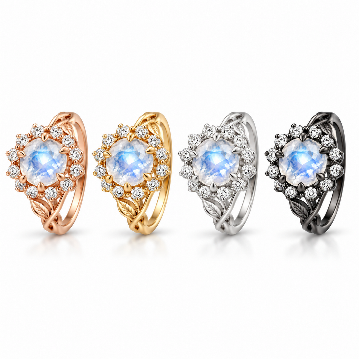 Round moonstone ring with blue-white glow and moissanite side stones